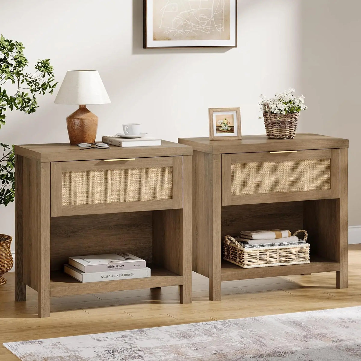Farmhouse Rattan Nightstands Set Of 2 Drawers Bedside Accent Table