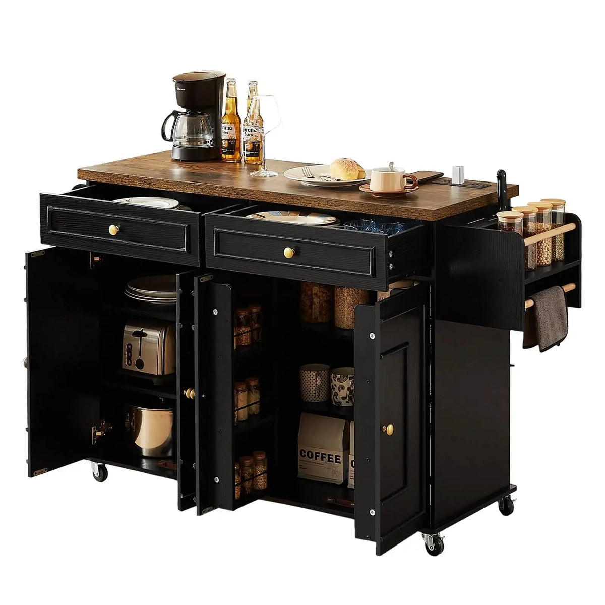 Wooden Rolling Kitchen Island With Storage And Spice Rack