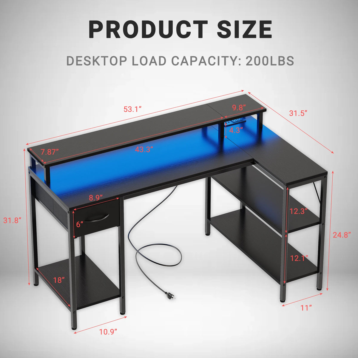 JHK L Shaped Gaming Desk With USB Charging Ports LED