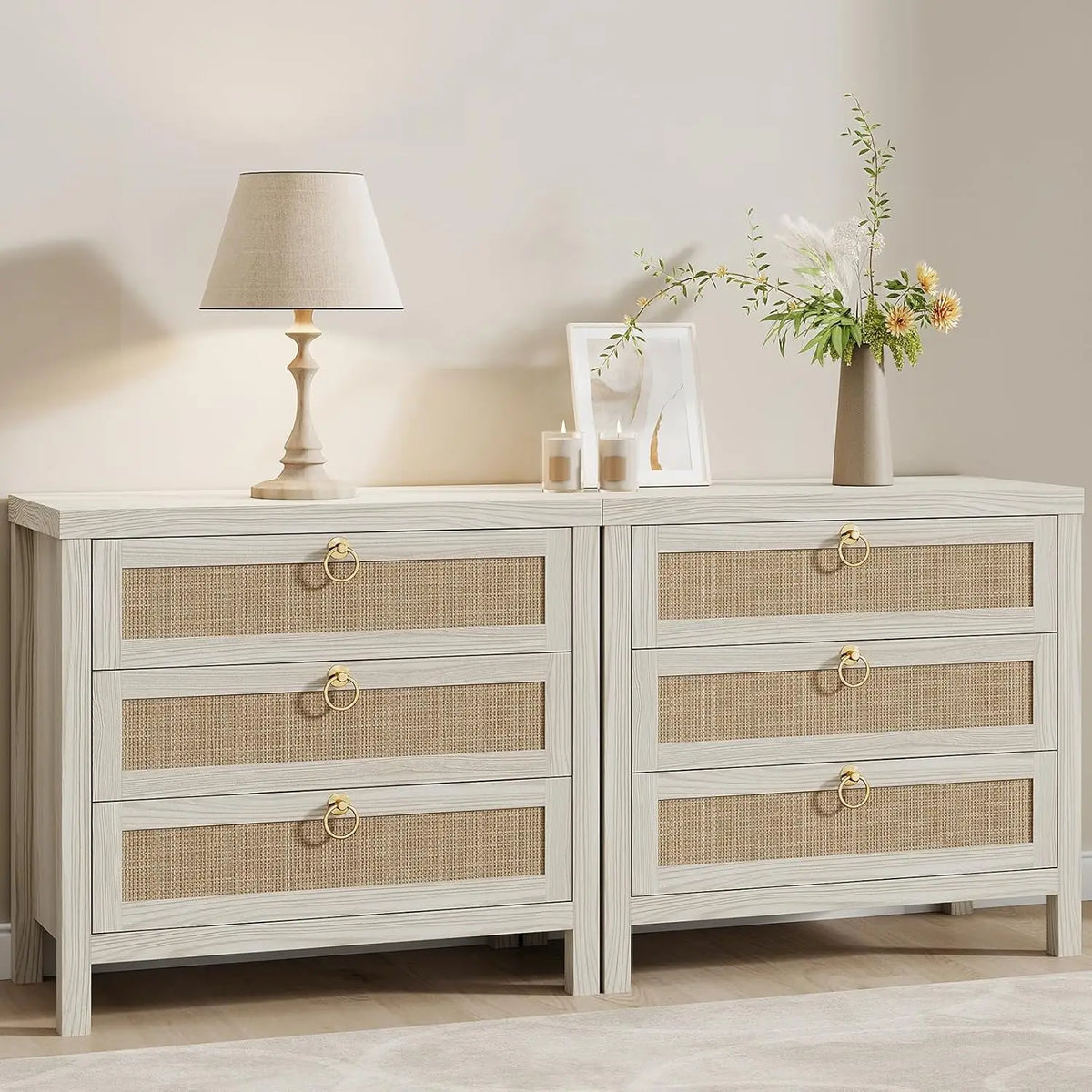 Modern Rattan Bedroom Nightstands With Drawers And Storage Shelf