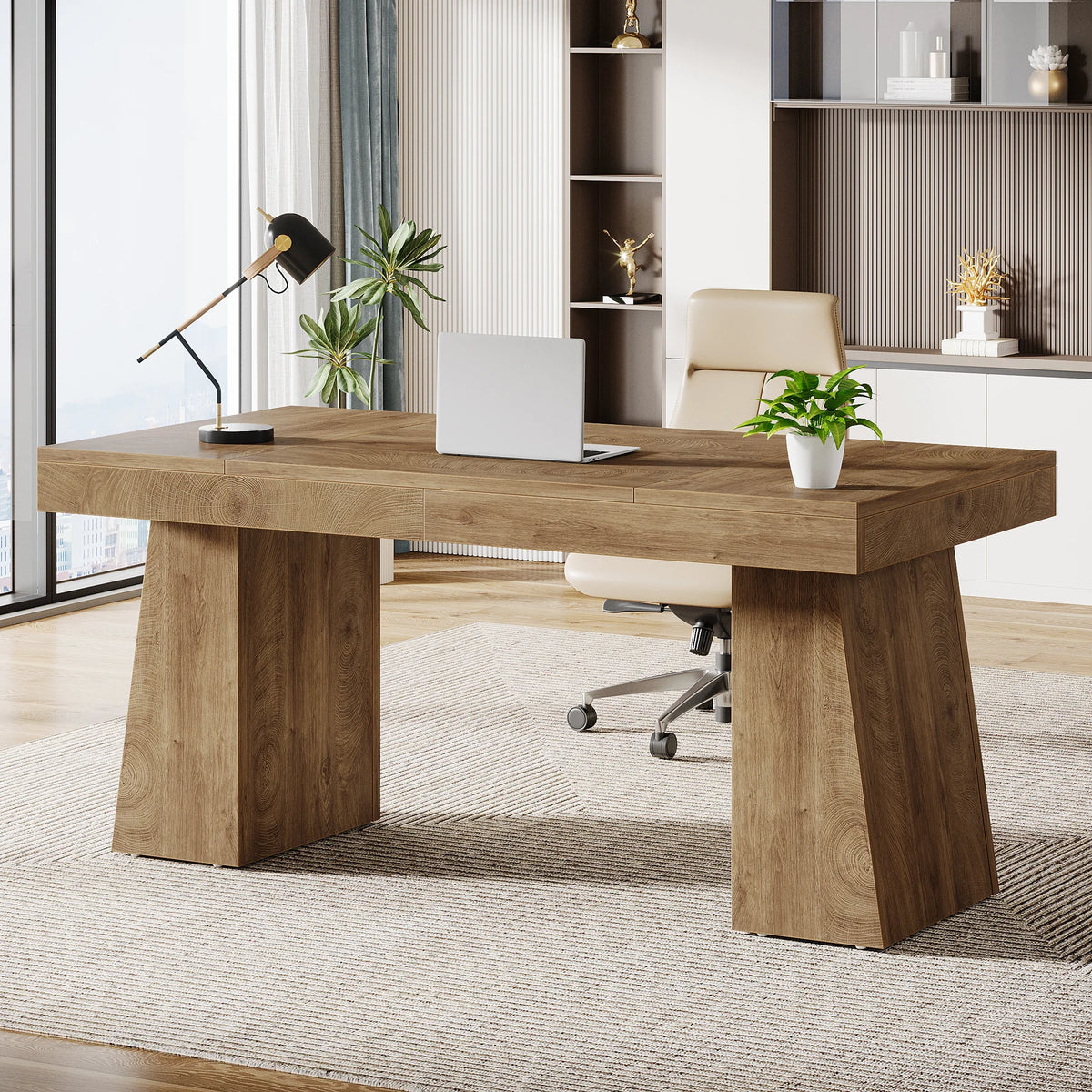 Tribesigns Wooden Executive Office Desk With Double Pedestals