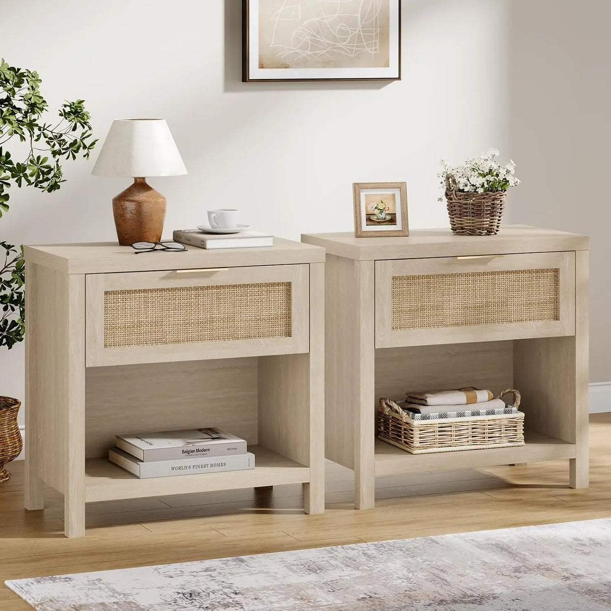 Farmhouse Rattan Nightstands Set Of 2 Drawers Bedside Accent Table