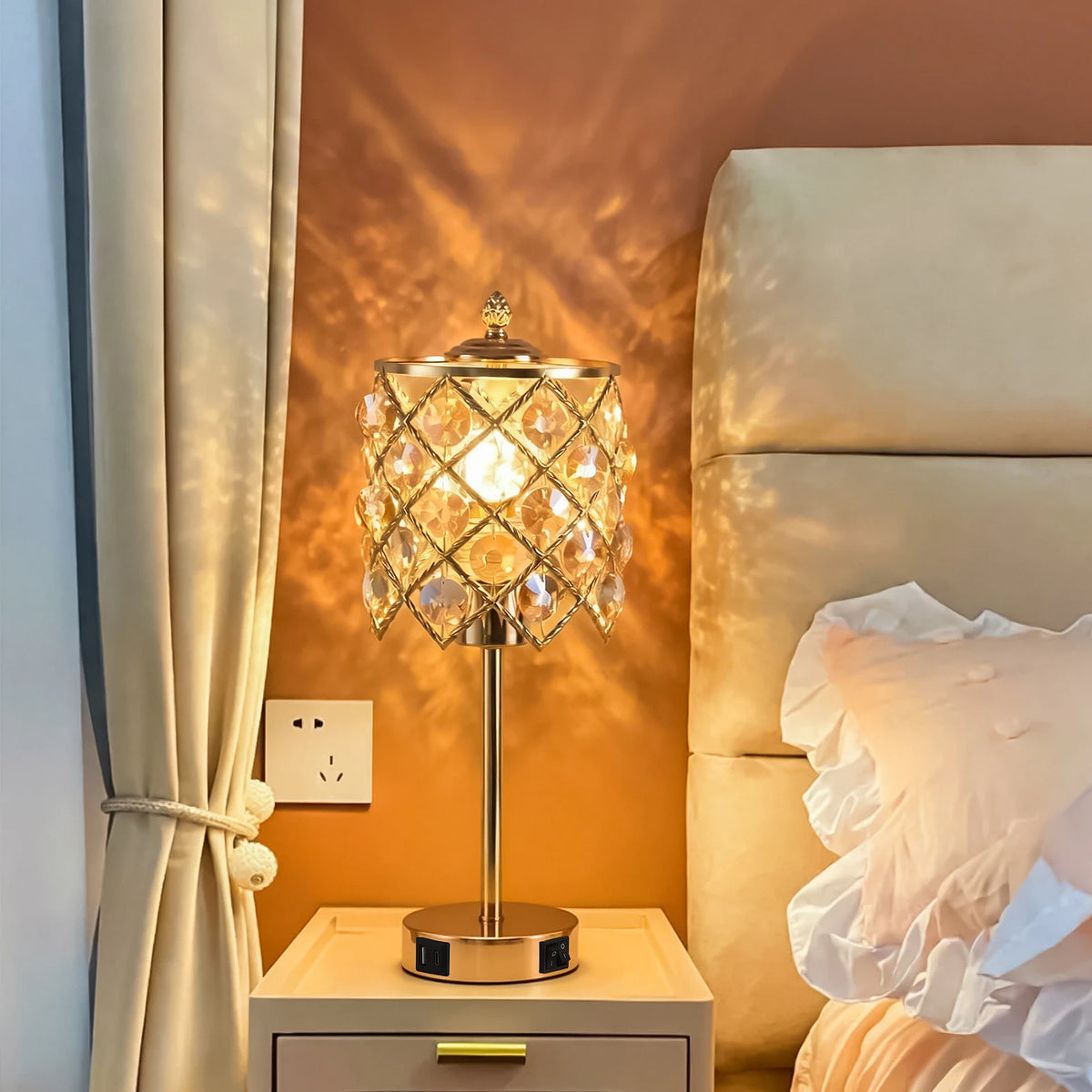 Luxury Crystal Table Lamp With USB Charging Port And AC Outlet