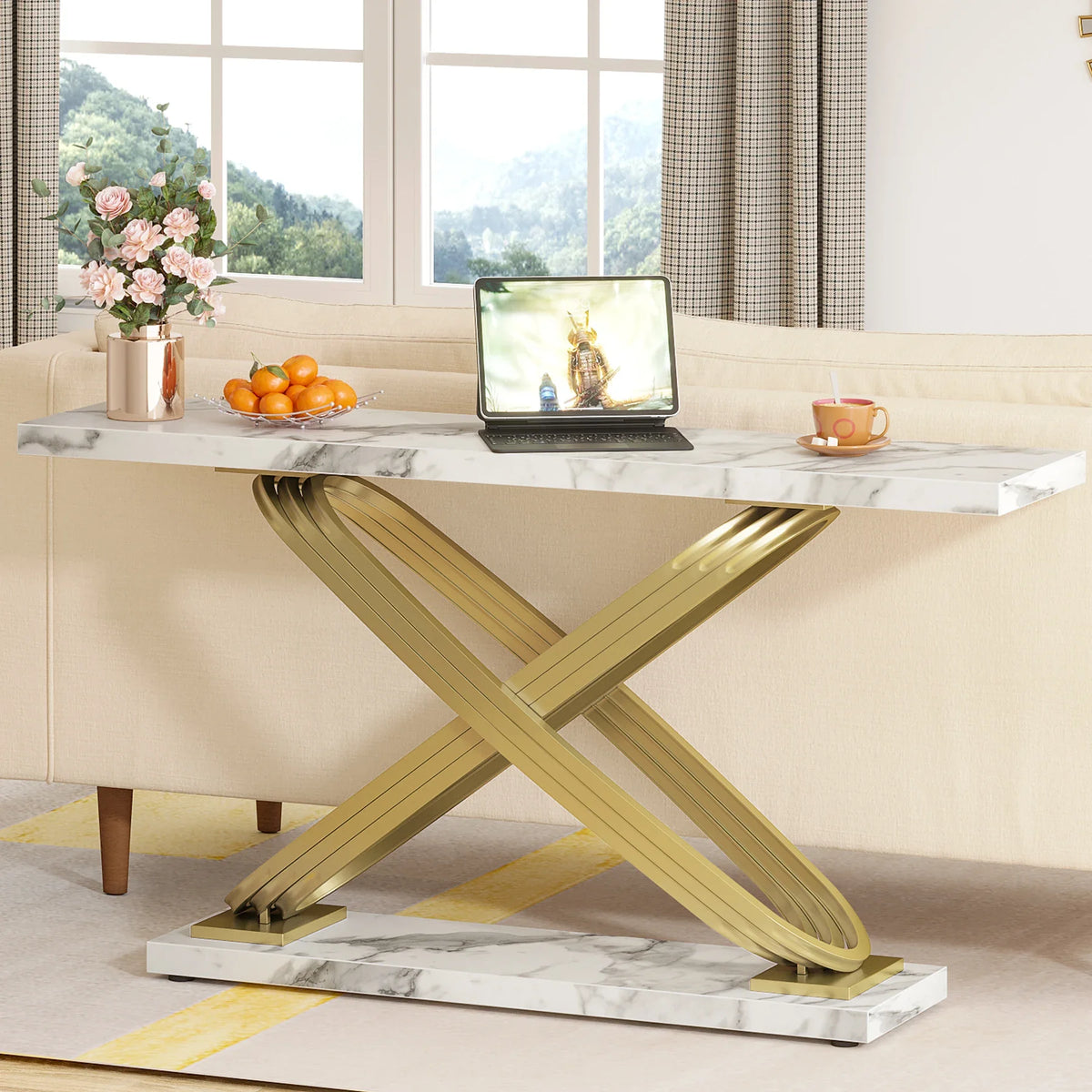 Tribesigns Modern Faux Marble Console Table Behind Sofa Couch