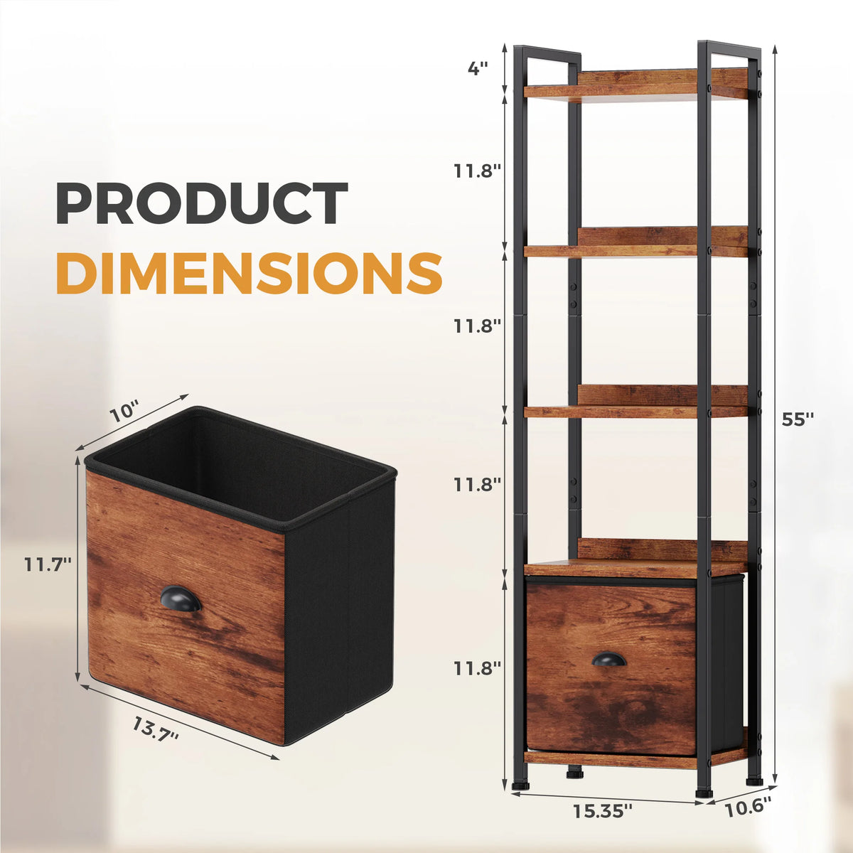 Industrial Metal Bookshelf With Fabric Drawer And Open Storage Shelves