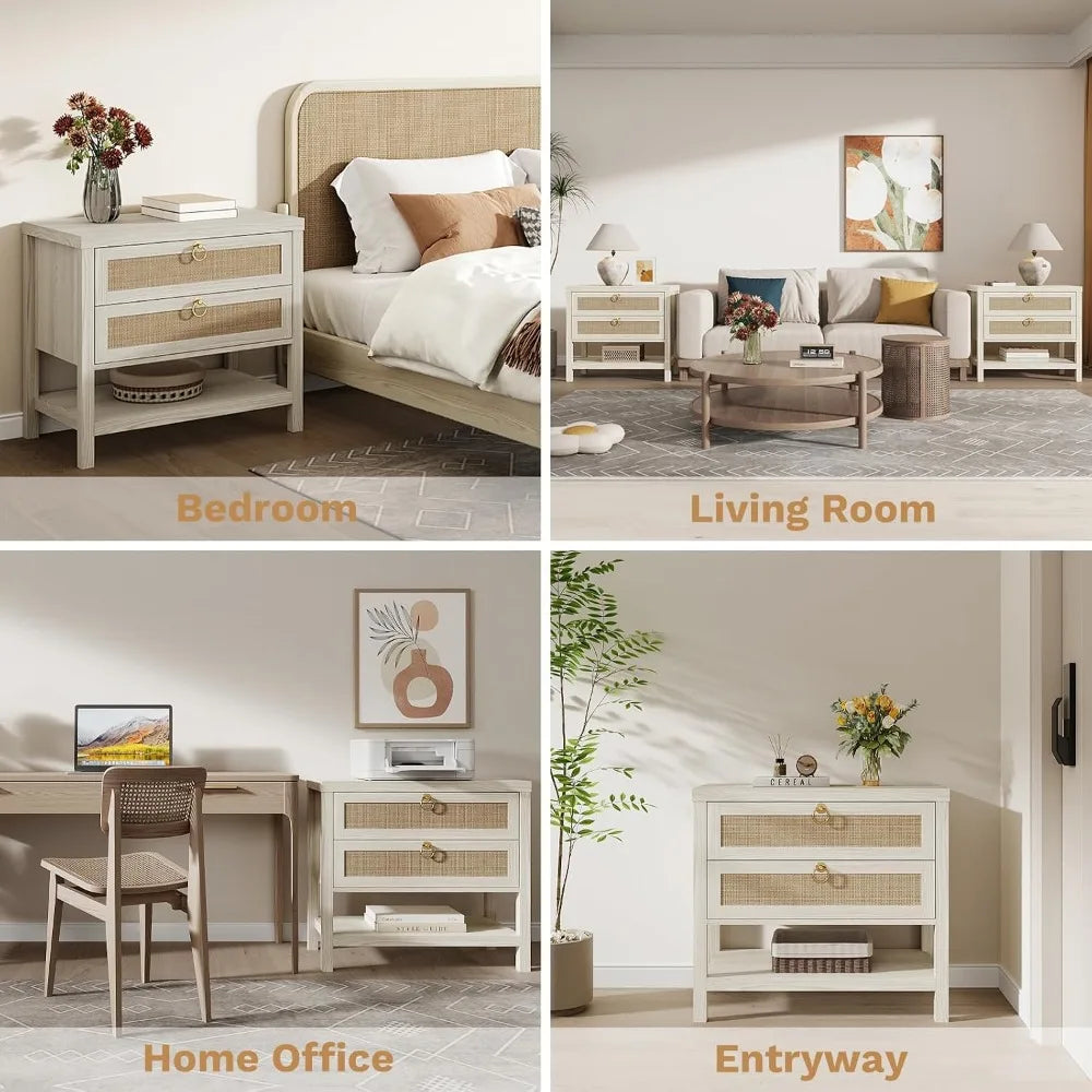 Modern Rattan Bedroom Nightstands With Drawers And Storage Shelf
