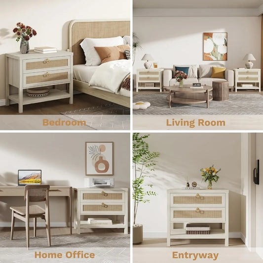 Modern Rattan Bedroom Nightstands With Drawers And Storage Shelf