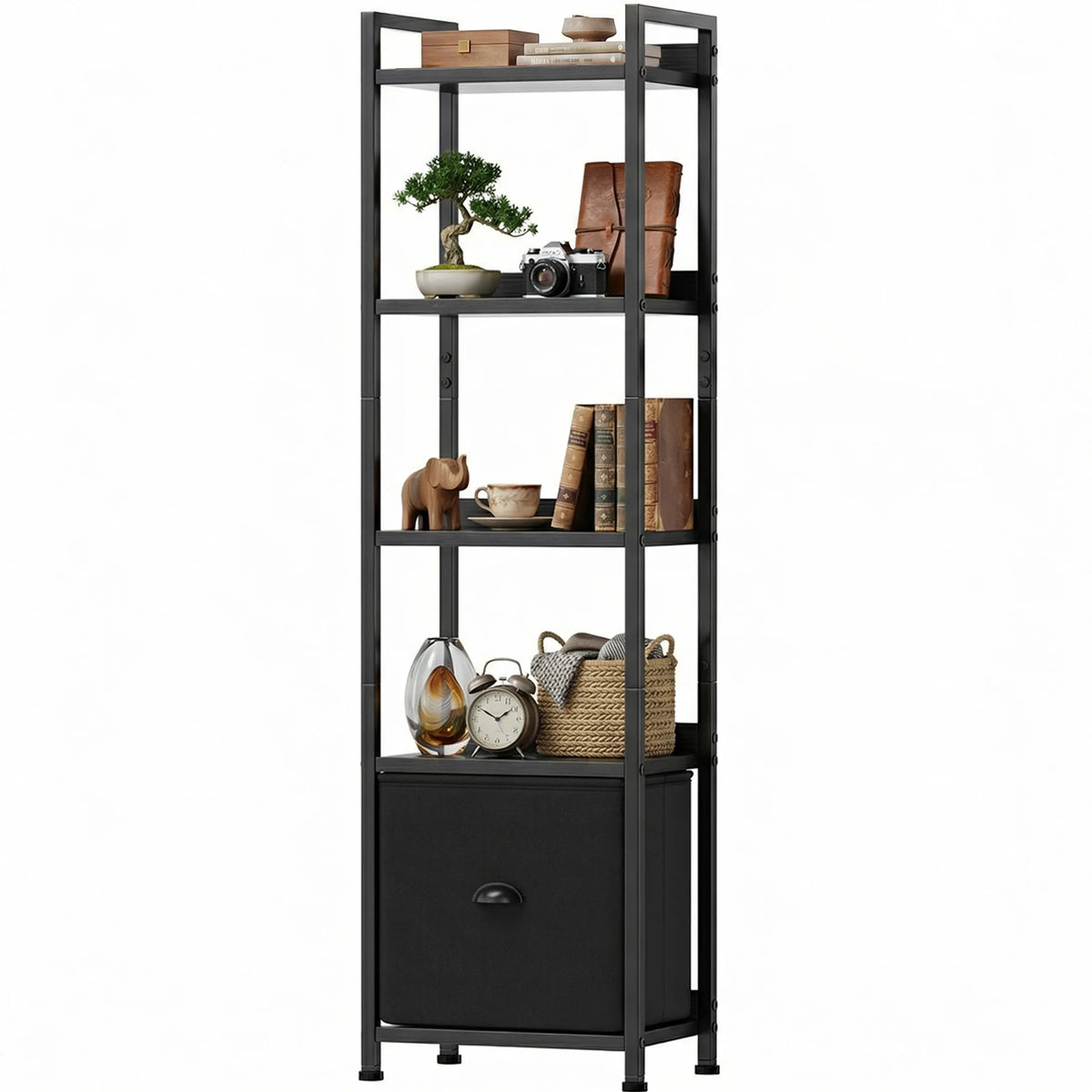 Industrial Metal Bookshelf With Fabric Drawer And Open Storage Shelves