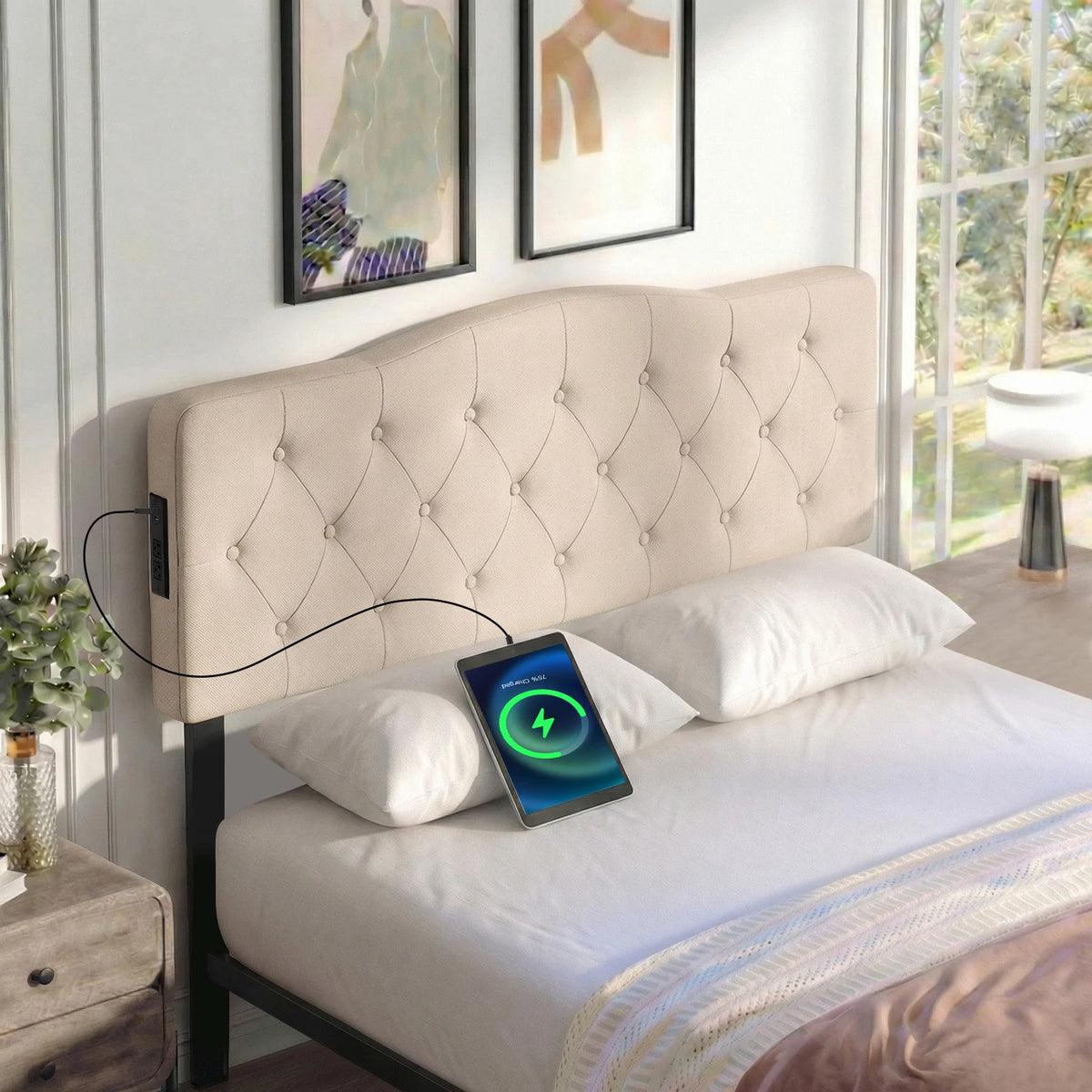 Homasis Tufted Upholstered Headboard With Integrated AC Outlets