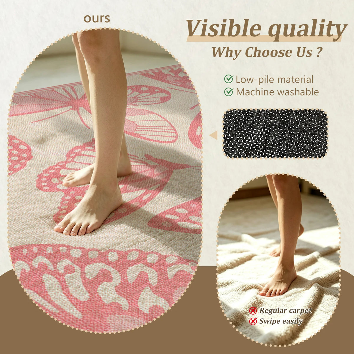Large Indoor Area Rug, Soft Velvet Low Pile Floor Rug with Pink Butterfly Pattern, Non-Slip Dotted Backing, Machine Washable Decorative Carpet for Living Room, Bedroom, Girls' Room