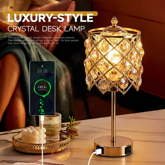 Luxury Crystal Table Lamp With USB Charging Port And AC Outlet
