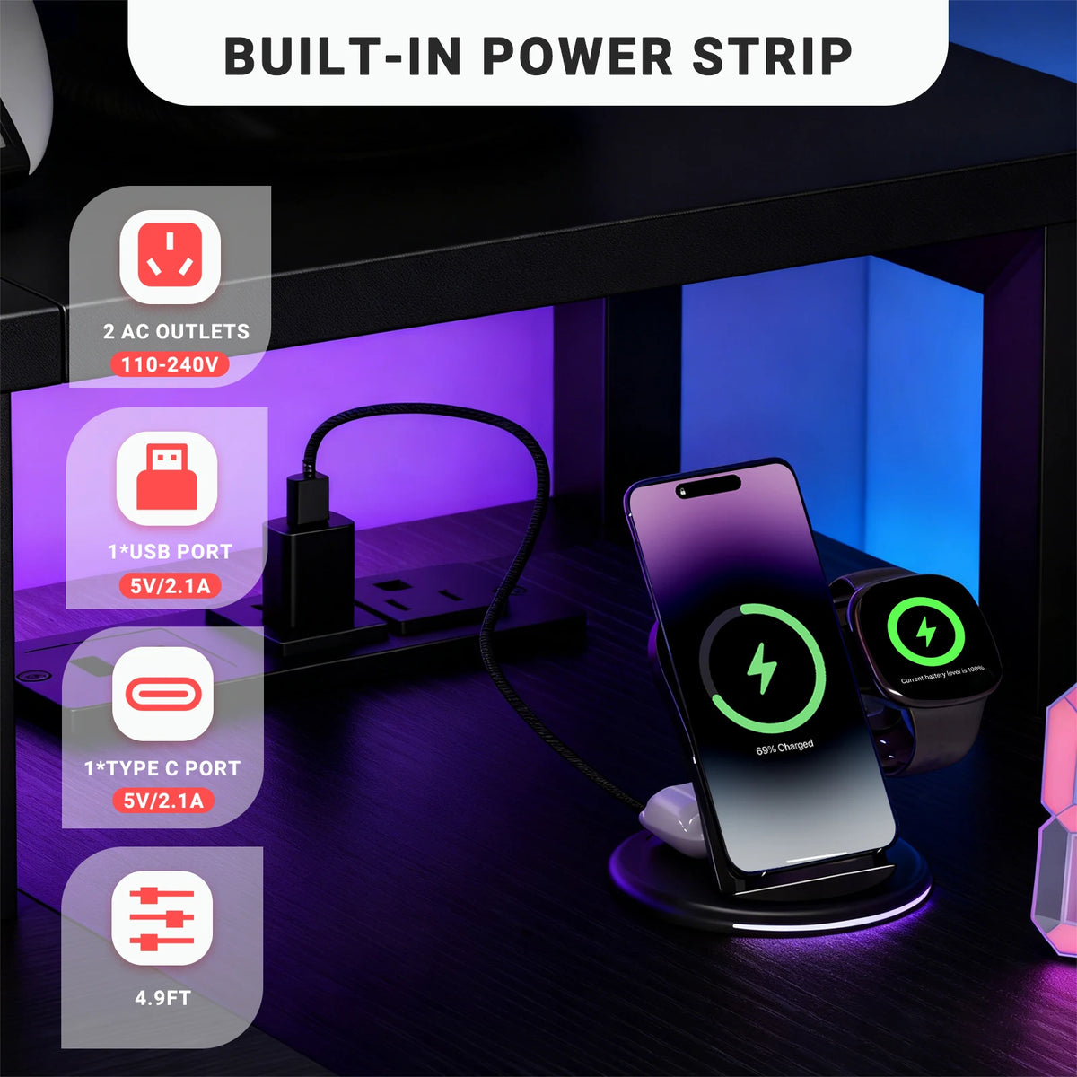JHK L Shaped Gaming Desk With USB Charging Ports LED