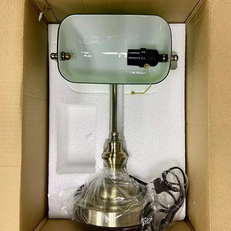 Classical Glass And Iron Bankers Desk Lamp With Zipper Switch