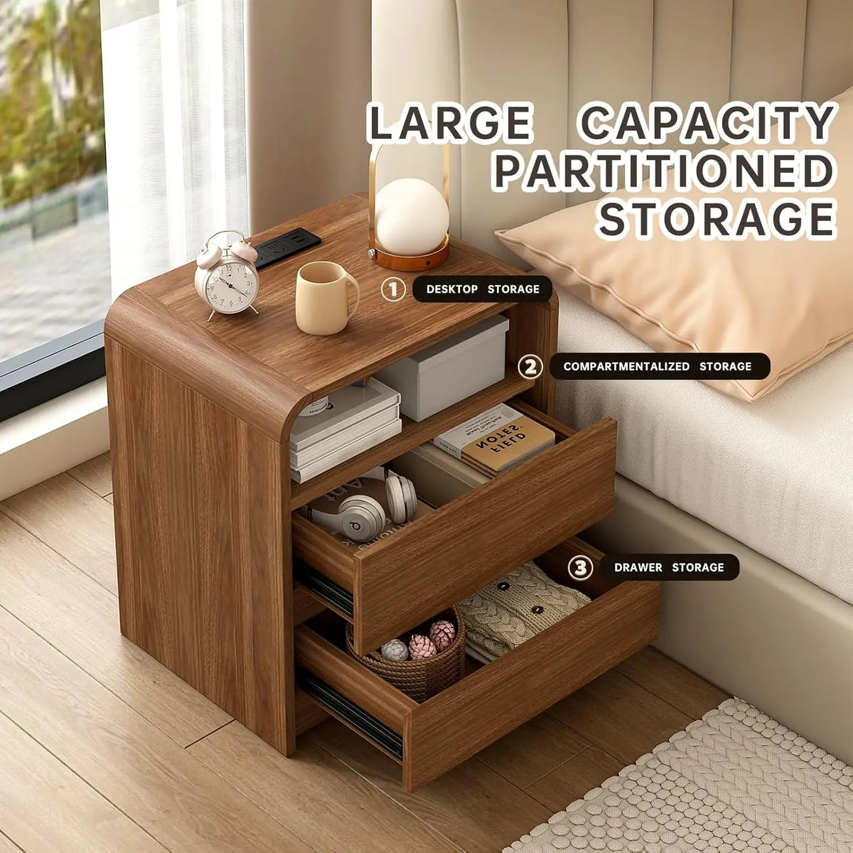 23.6" Walnut Nightstand with Charging Station, Anti-Collision Mid Century Modern Bedside Table with 500 LB, Customized