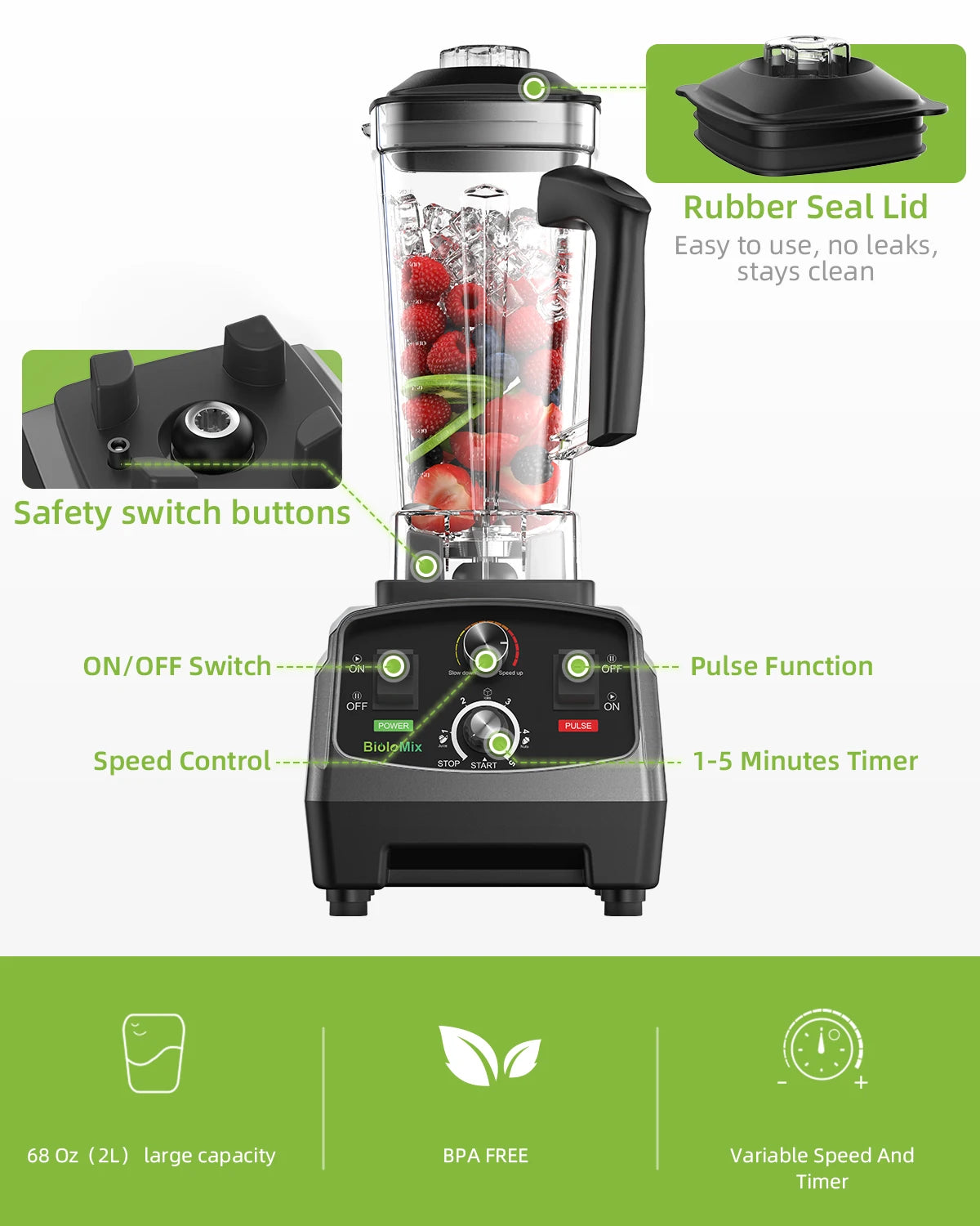 Biolomix Heavy Duty Timer Blender Mixer For Juicing And Smoothies