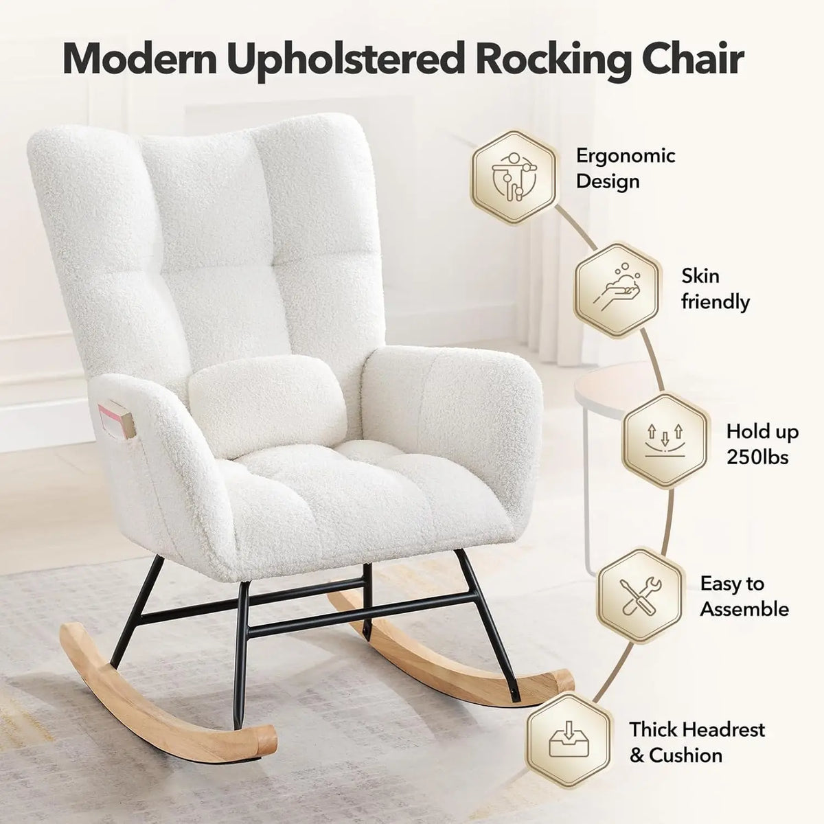 Studyset Modern Teddy Boucle Rocking Chair With Side Pocket Storage