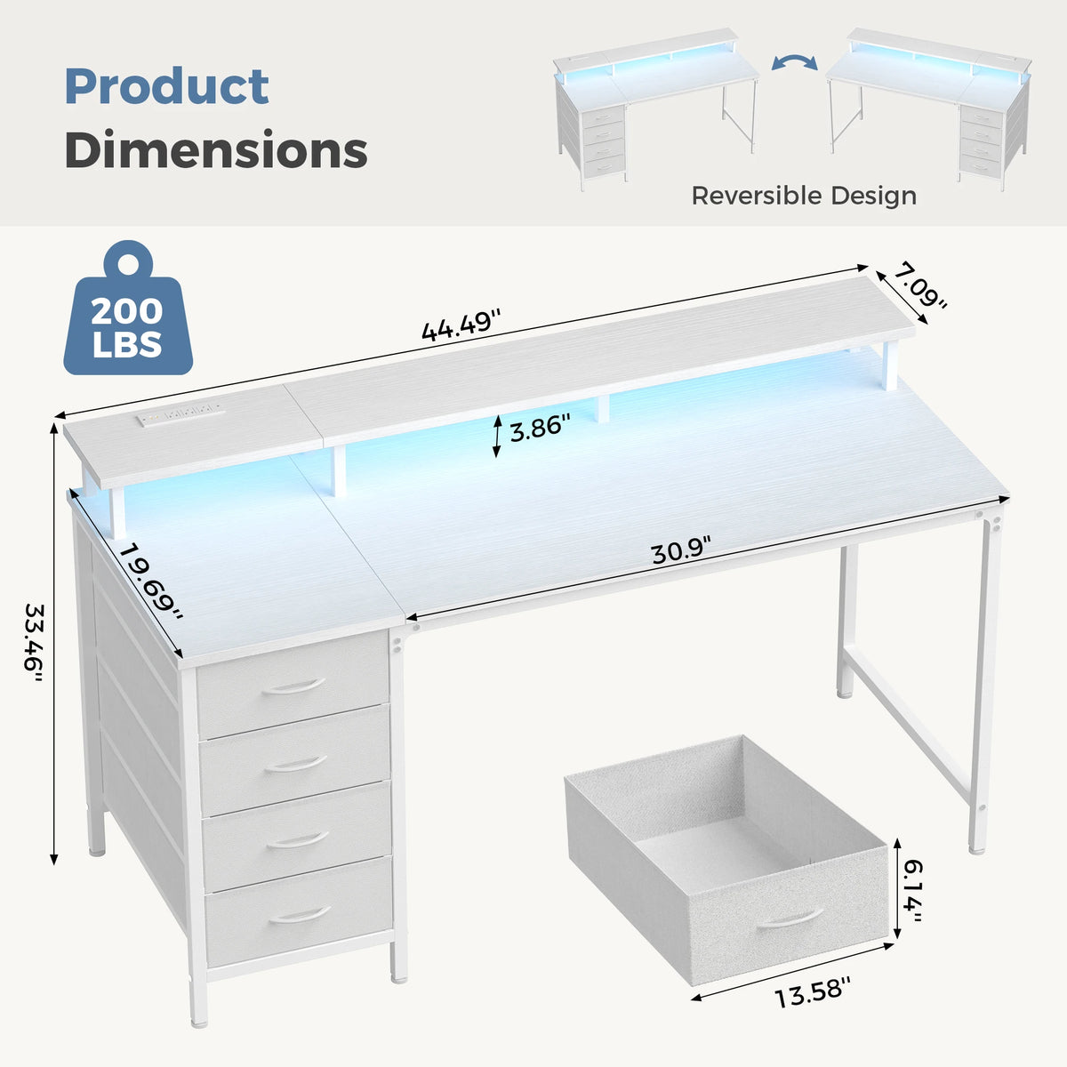 JHK Gaming Computer Desk With Storage Drawers And LED Lights