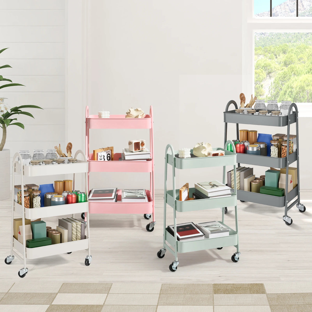 JHK Three Tier Metal Rolling Storage Cart With Lockable Wheels