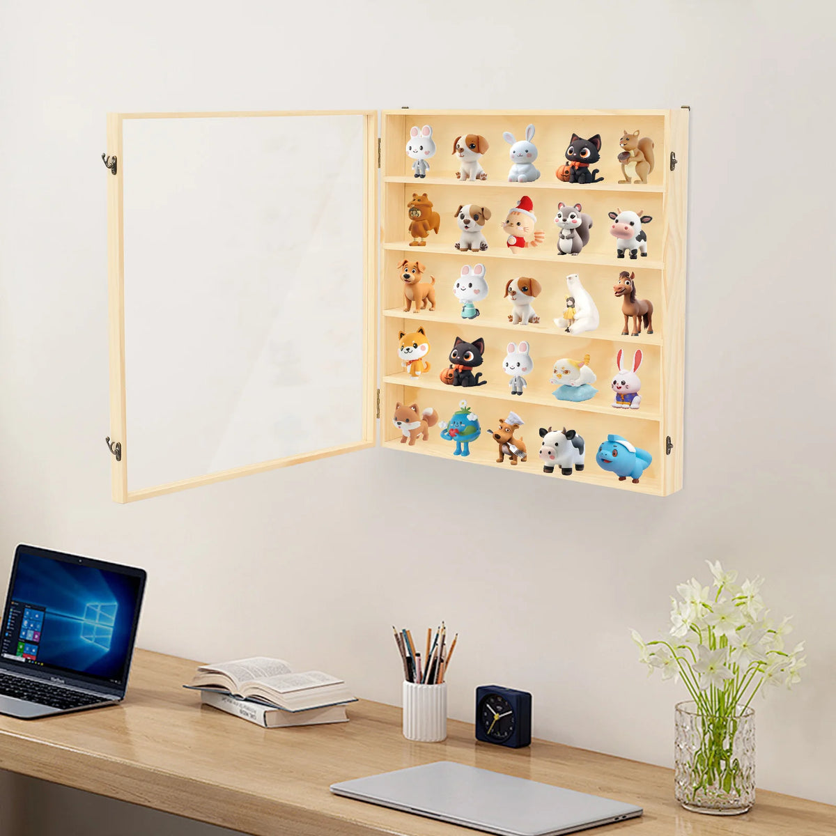 Bymaocar Five Tier Wall Mounted Wooden Display Cabinet Acrylic Door