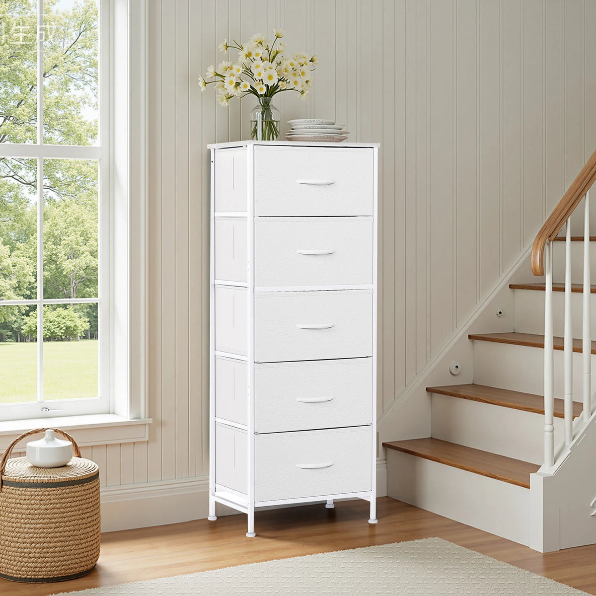 JHK Bedroom Dresser With 5 Fabric Drawers Steel Frame Nightstand