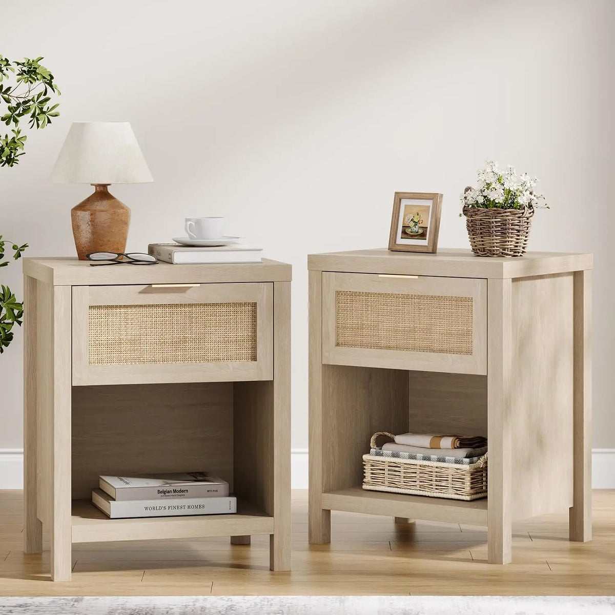 Farmhouse Rattan Nightstands Set Of 2 Drawers Bedside Accent Table