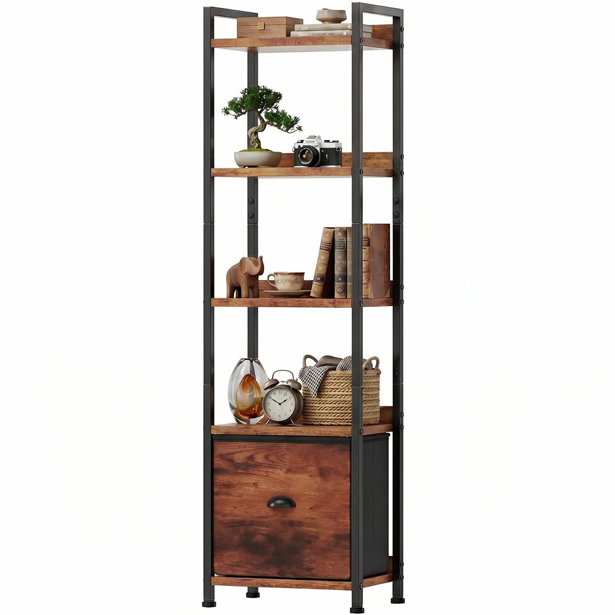 Industrial Metal Bookshelf With Fabric Drawer And Open Storage Shelves