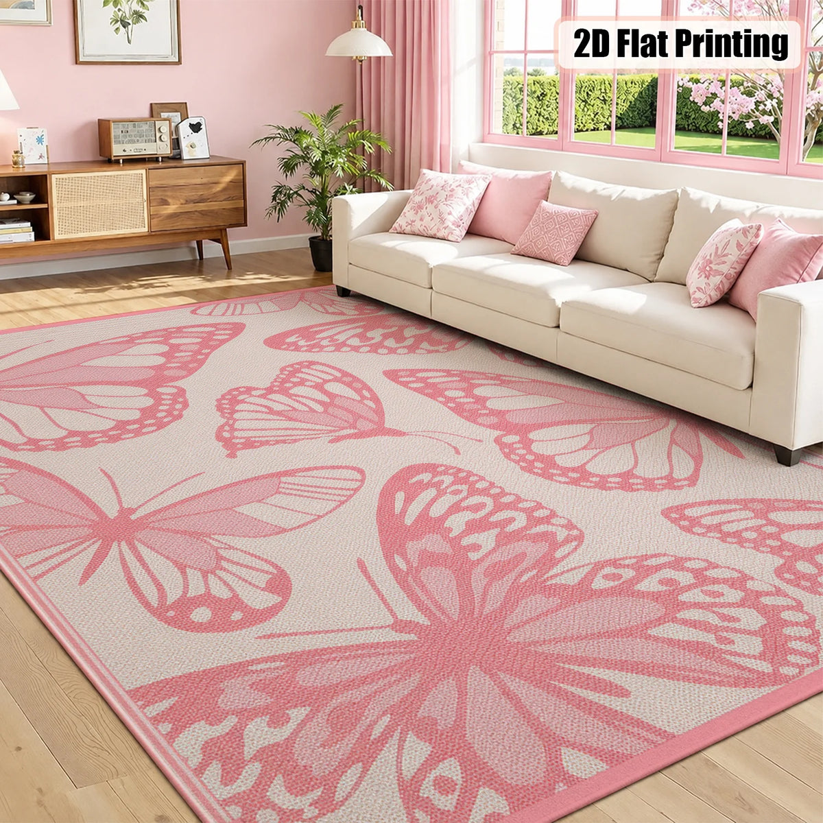 Large Indoor Area Rug, Soft Velvet Low Pile Floor Rug with Pink Butterfly Pattern, Non-Slip Dotted Backing, Machine Washable Decorative Carpet for Living Room, Bedroom, Girls' Room