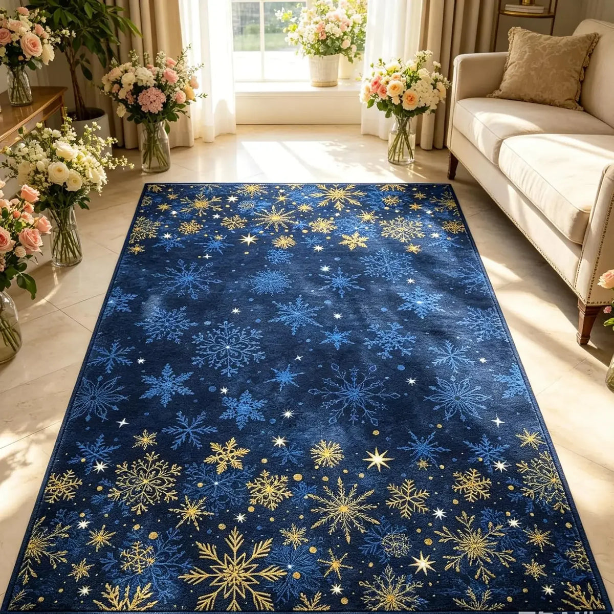 Garvee 2x6inch Christmas Washable Area Rug Non-Slip Area Rugs Soft Soft Fabric Blue Carpet with Snowflake Design for Holiday Home Decor Low Pile, Durable, Pet Friendly