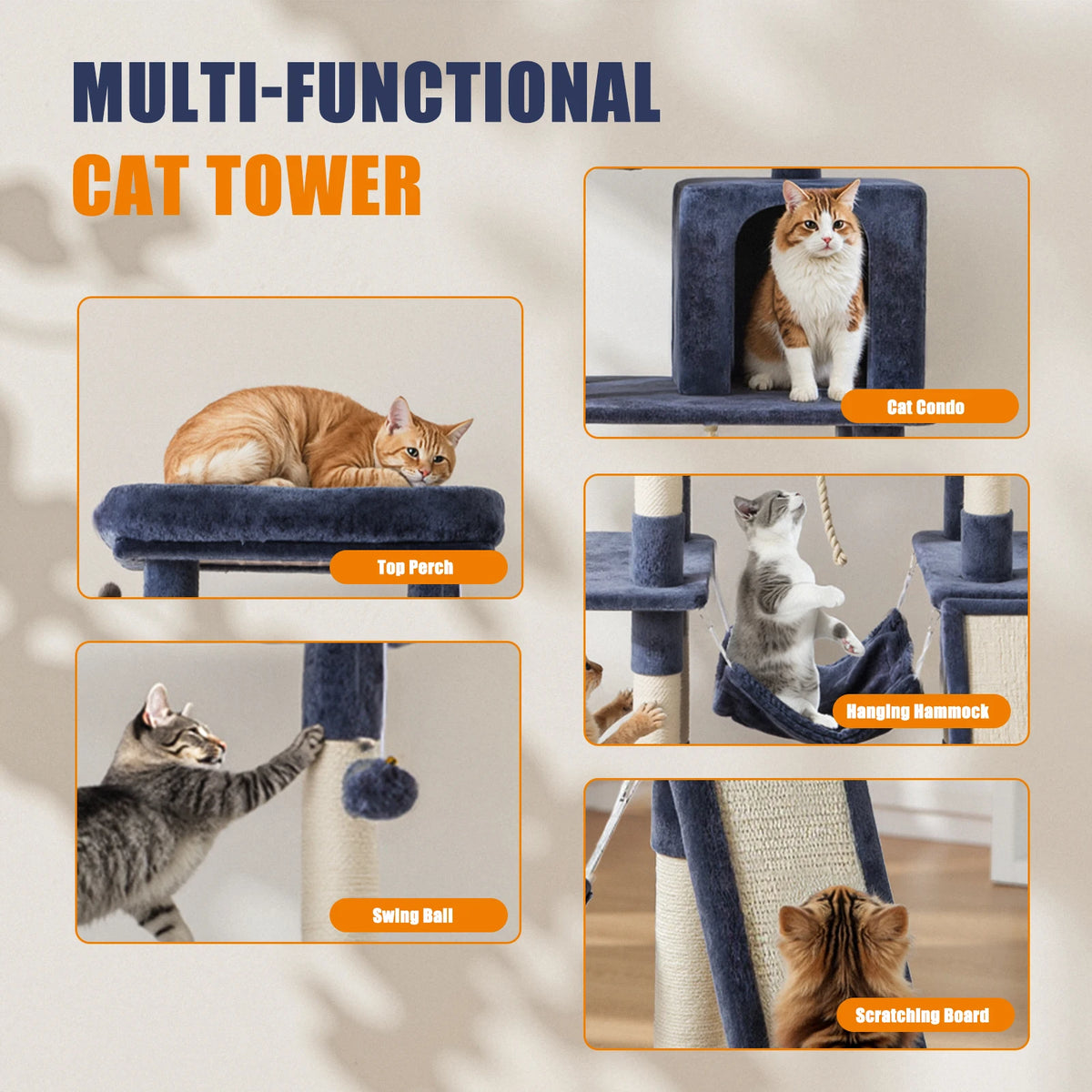 JHK Tall Multilevel Cat Tree With Natural Sisal Posts