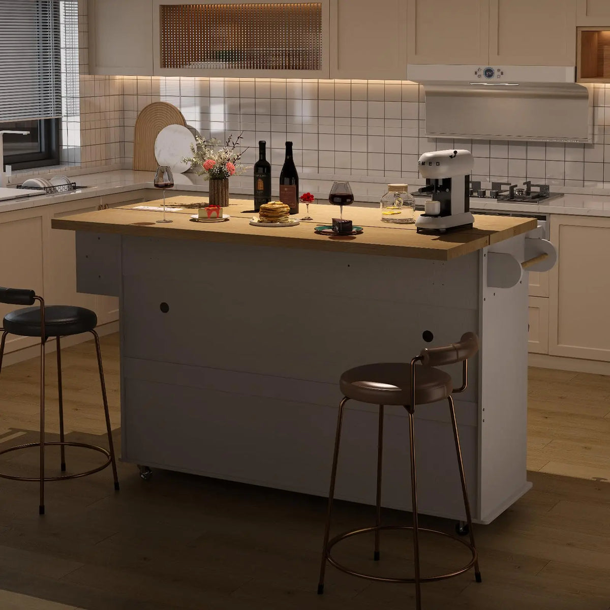 Onbrill Mobile Kitchen Island Wooden Cart With Power Outlet