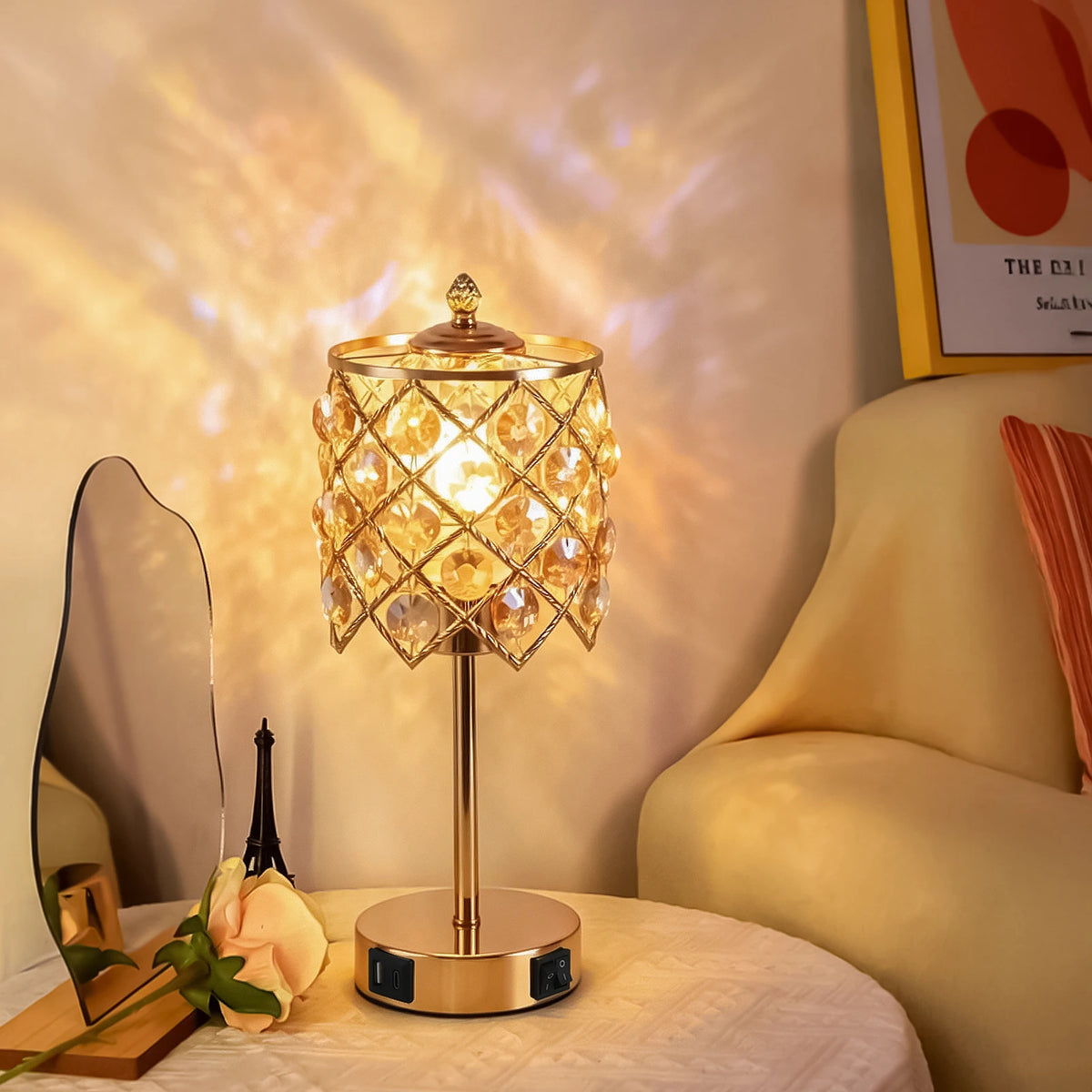 Luxury Crystal Table Lamp With USB Charging Port And AC Outlet