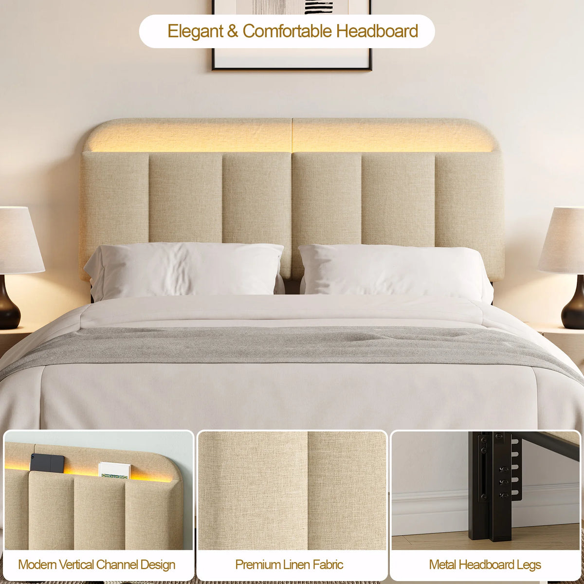 ONBRILL Adjustable Headboard With Storage And RGB LED Lights