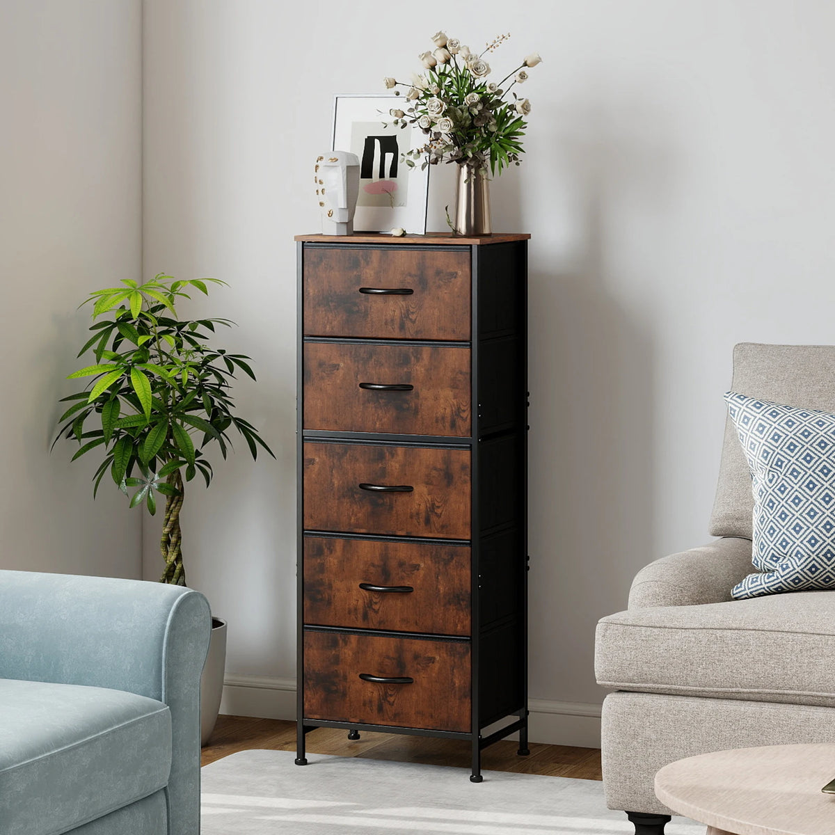 JHK Bedroom Dresser With 5 Fabric Drawers Steel Frame Nightstand
