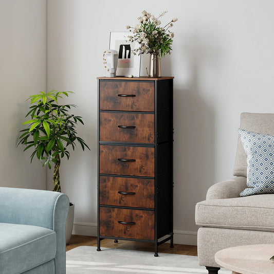 JHK Bedroom Dresser With 5 Fabric Drawers Steel Frame Nightstand