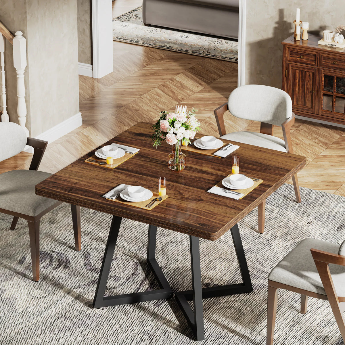 Tribesigns Industrial Square Dining Table With Metal Base