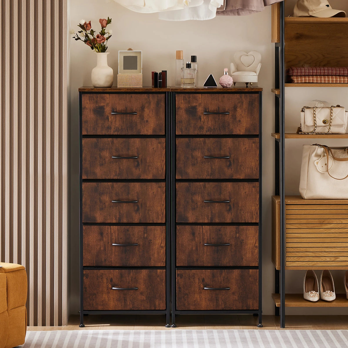 JHK Bedroom Dresser With 5 Fabric Drawers Steel Frame Nightstand