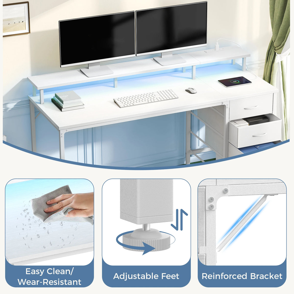 JHK Gaming Computer Desk With Storage Drawers And LED Lights