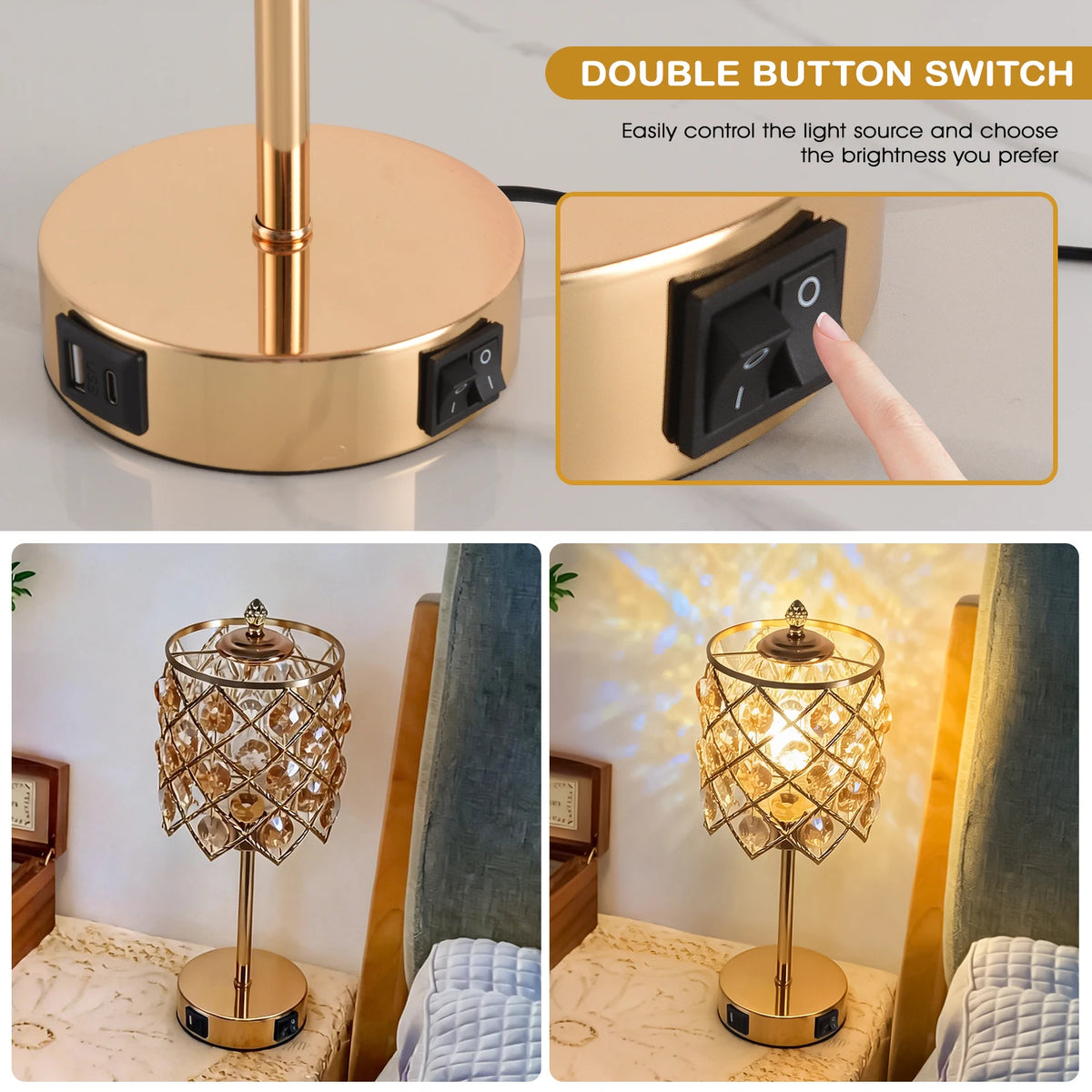 Luxury Crystal Table Lamp With USB Charging Port And AC Outlet