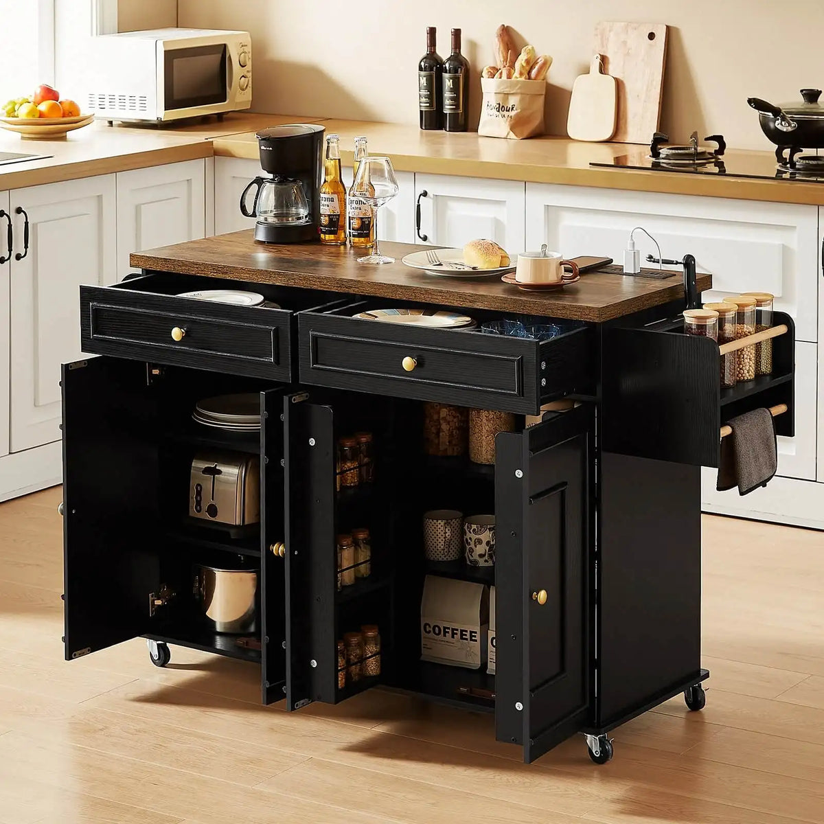 Wooden Rolling Kitchen Island With Storage And Spice Rack