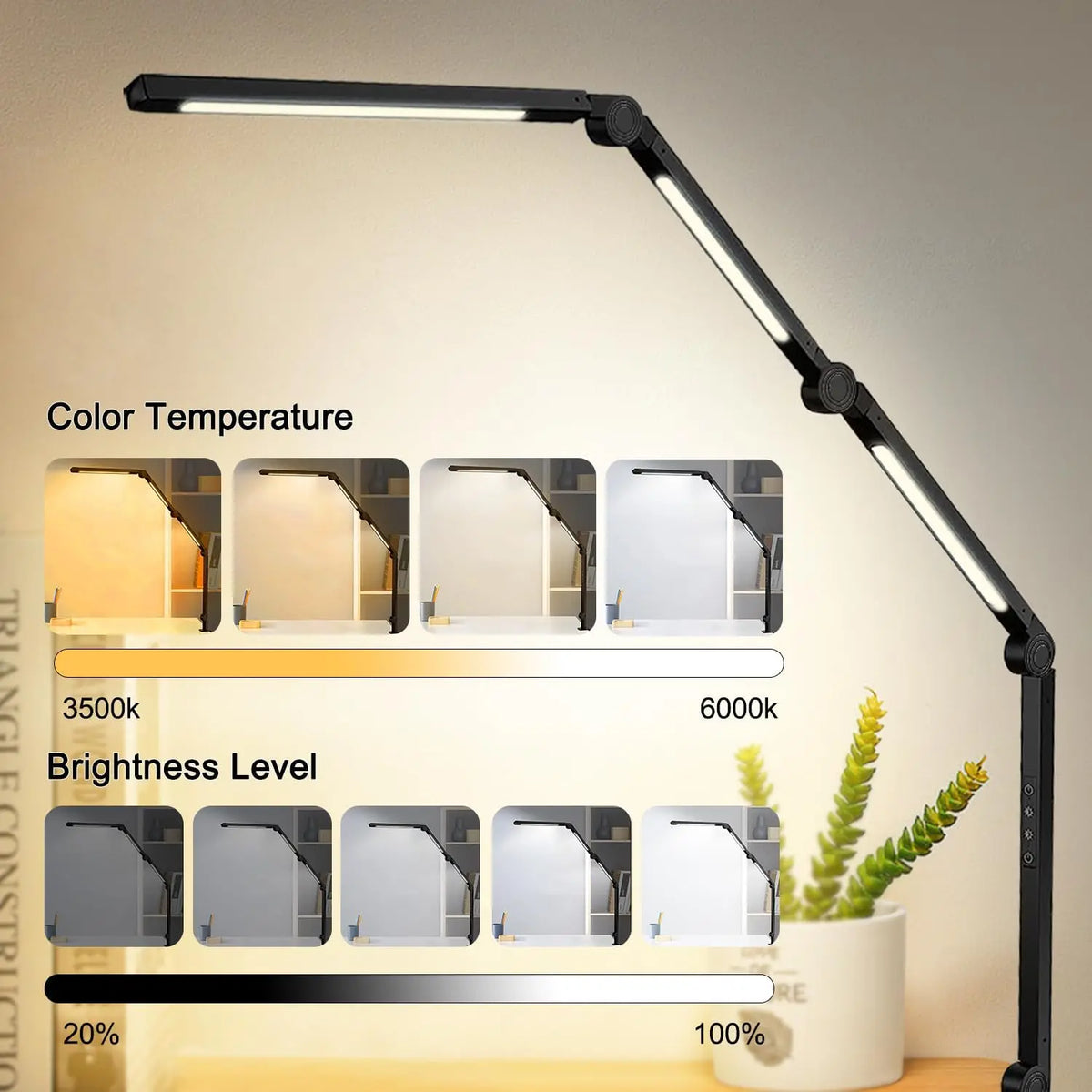 LED Desk Lamp With Flexible Swing Arm And Touch Dimmer