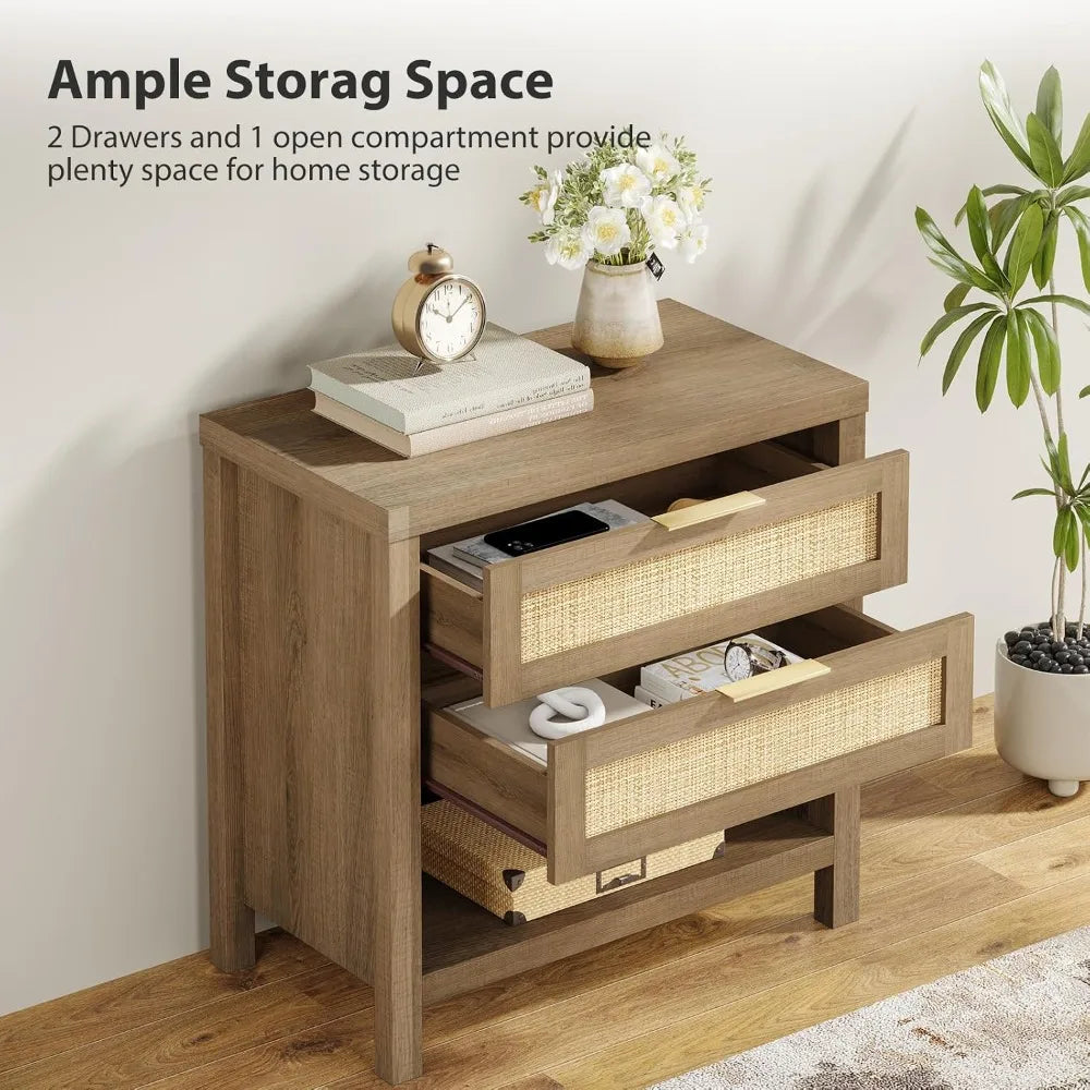 Farmhouse Rattan Nightstands Set Of 2 Drawers Bedside Accent Table