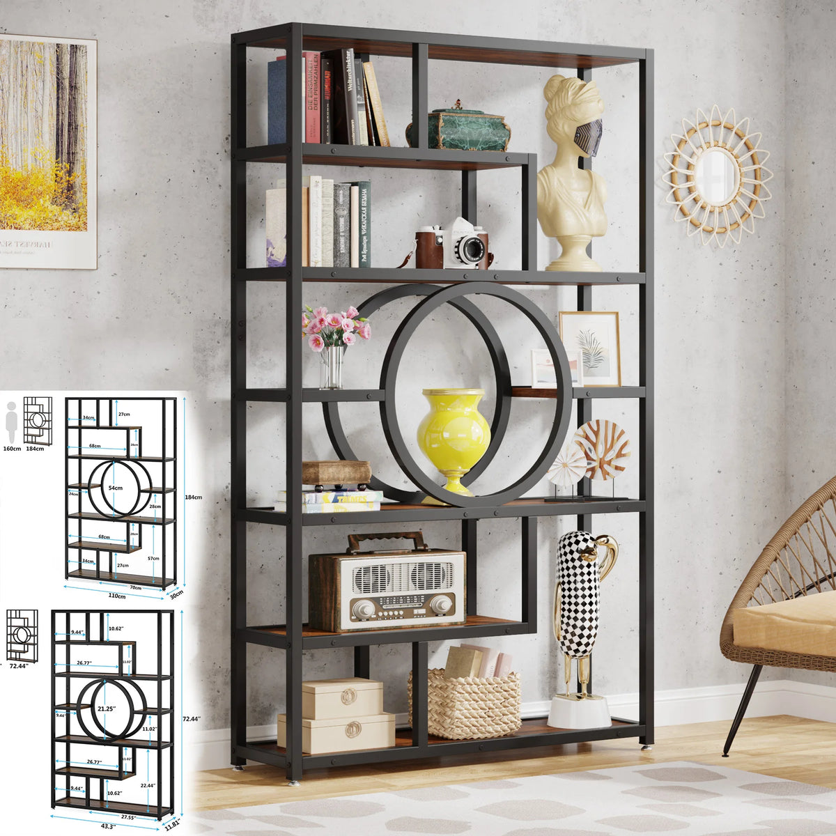 Tribesigns Industrial Five Tier Metal Wood Bookcase Storage Organizer