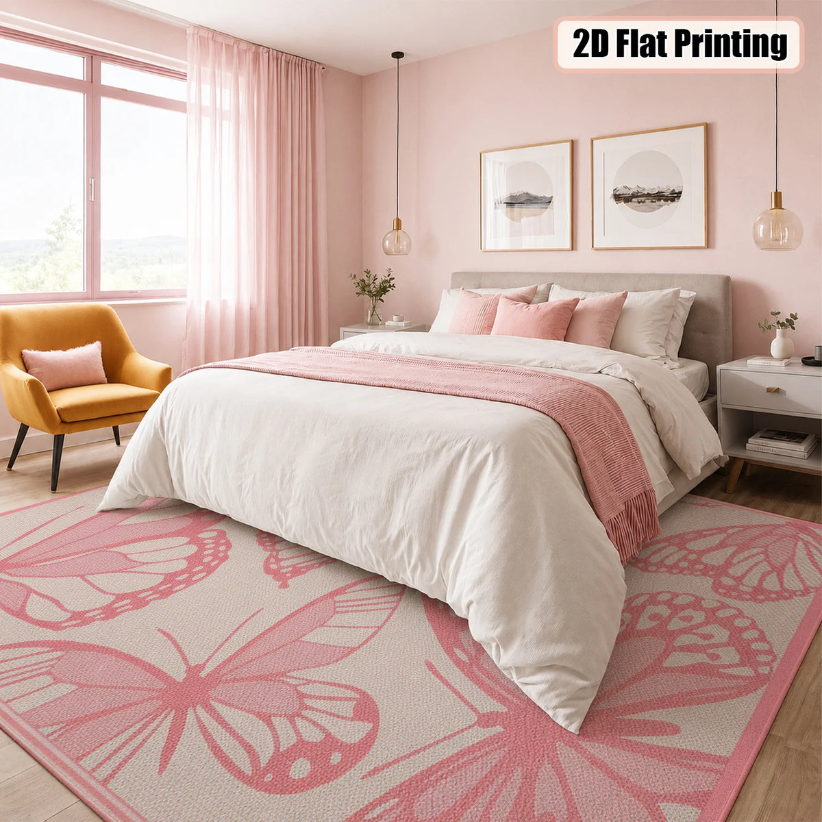 Large Indoor Area Rug, Soft Velvet Low Pile Floor Rug with Pink Butterfly Pattern, Non-Slip Dotted Backing, Machine Washable Decorative Carpet for Living Room, Bedroom, Girls' Room