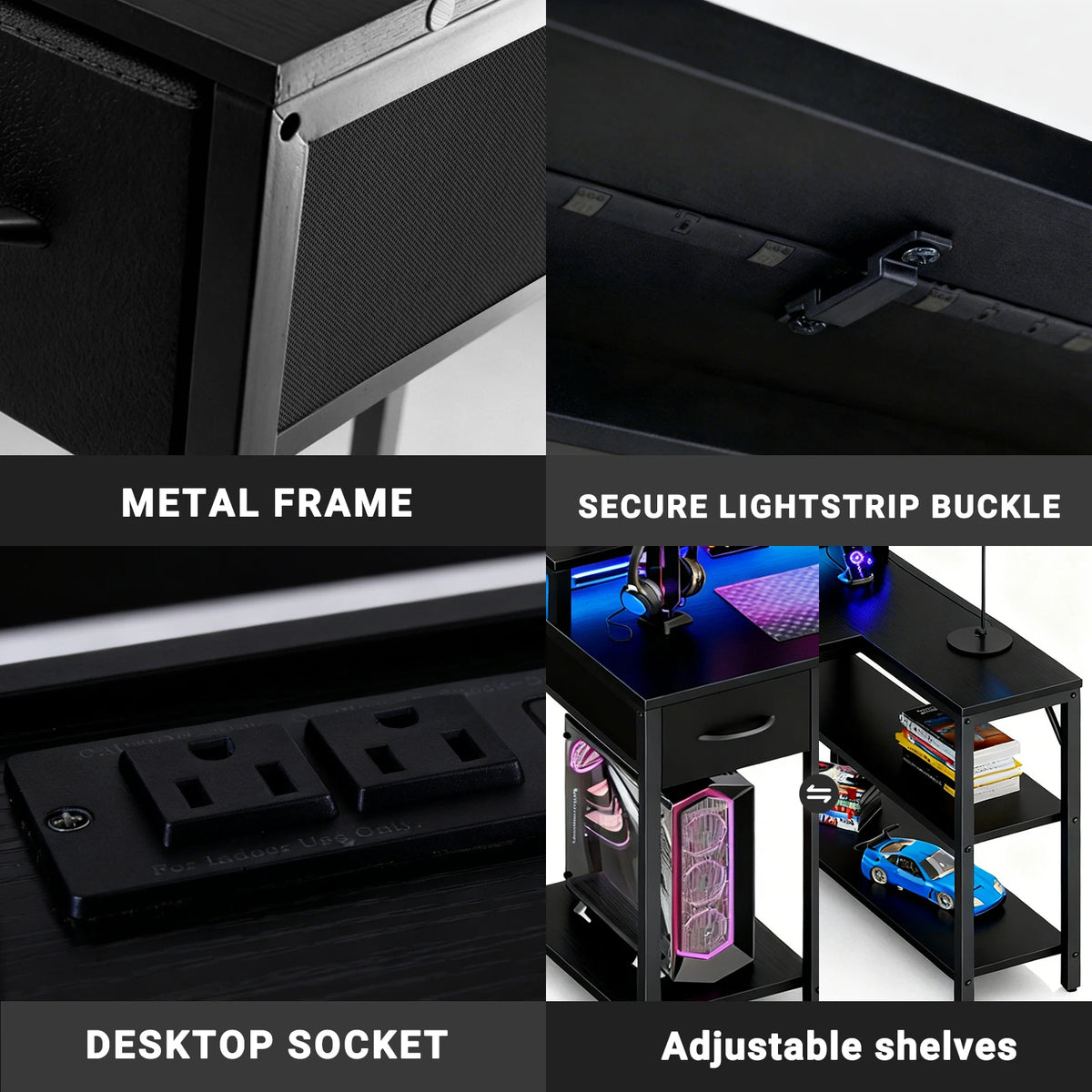 JHK L Shaped Gaming Desk With USB Charging Ports LED