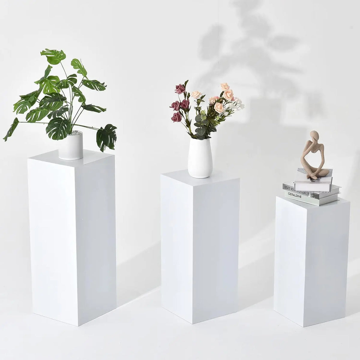 3Pcs White Metal Display Pedestal Stand for Party Wedding Sculpture Cylindrical Holder for Home Garden Decoration