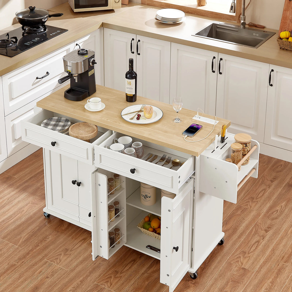 Wooden Rolling Kitchen Island With Storage And Spice Rack