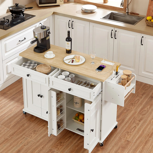 Wooden Rolling Kitchen Island With Storage And Spice Rack