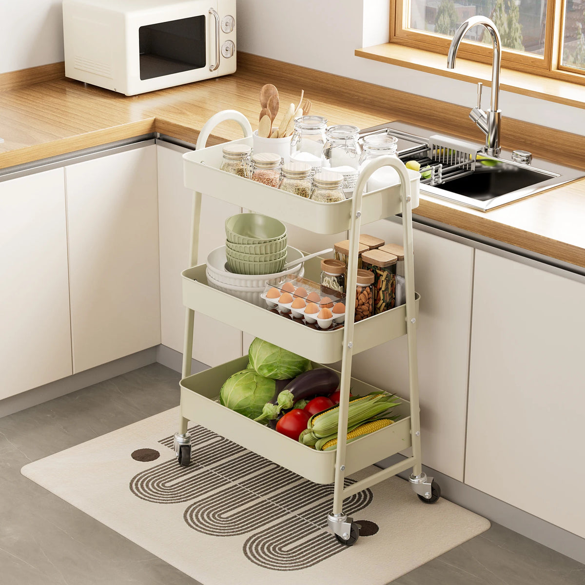 JHK Three Tier Metal Rolling Storage Cart With Lockable Wheels