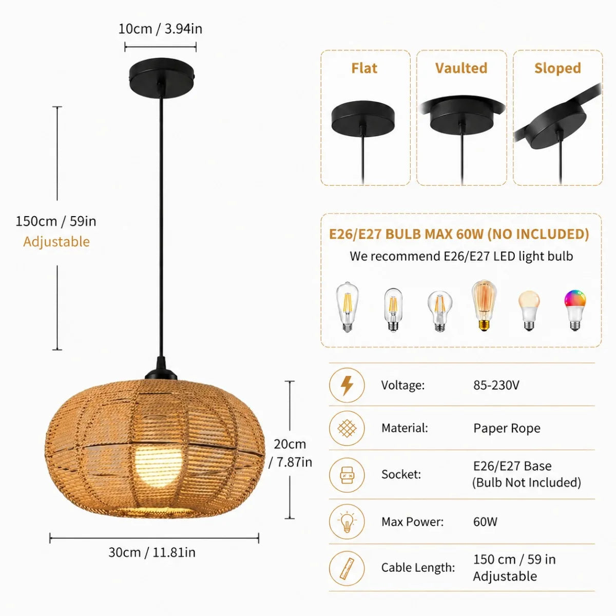 JOYINLED Hand Woven Rattan Boho Pendant Light Fixture