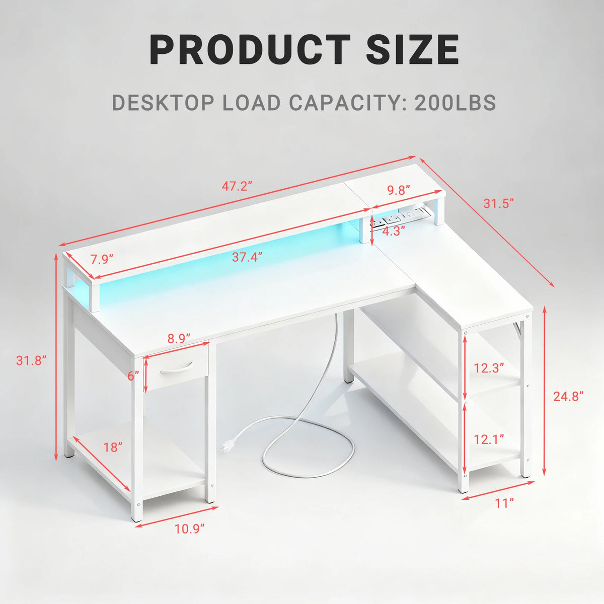 JHK L Shaped Gaming Desk With USB Charging Ports LED
